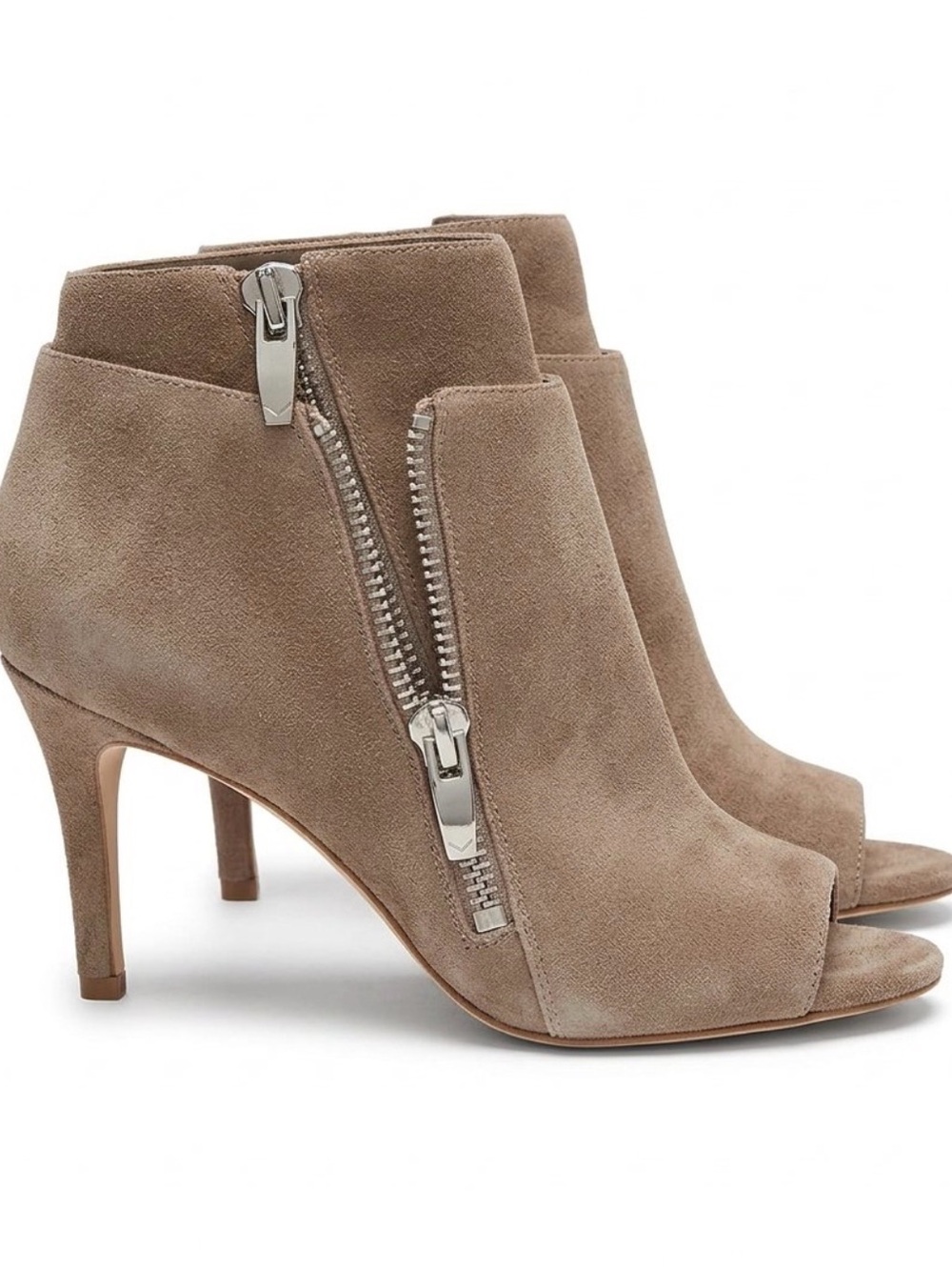 Via Spiga “Venetta” Antelope Suede Leather Dual Zip Peep Toe Booties